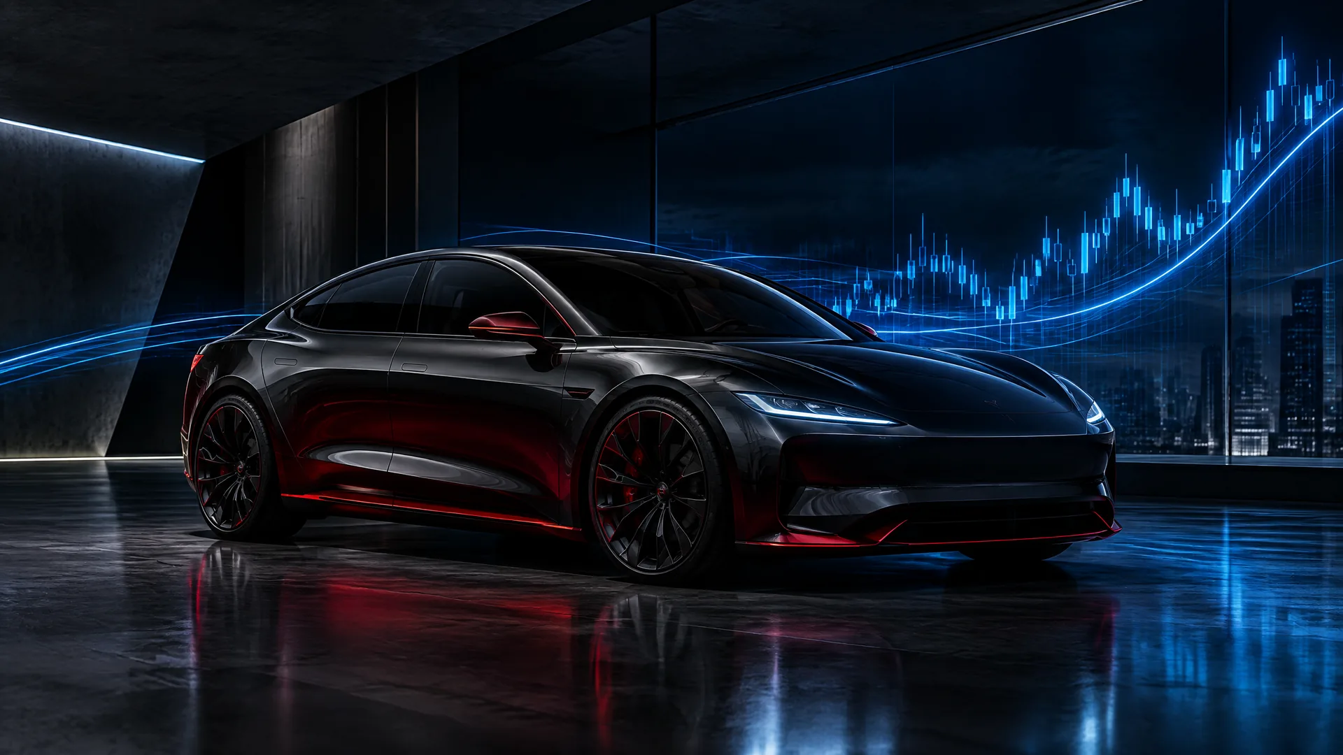 Electric performance vehicle in a market-data showroom